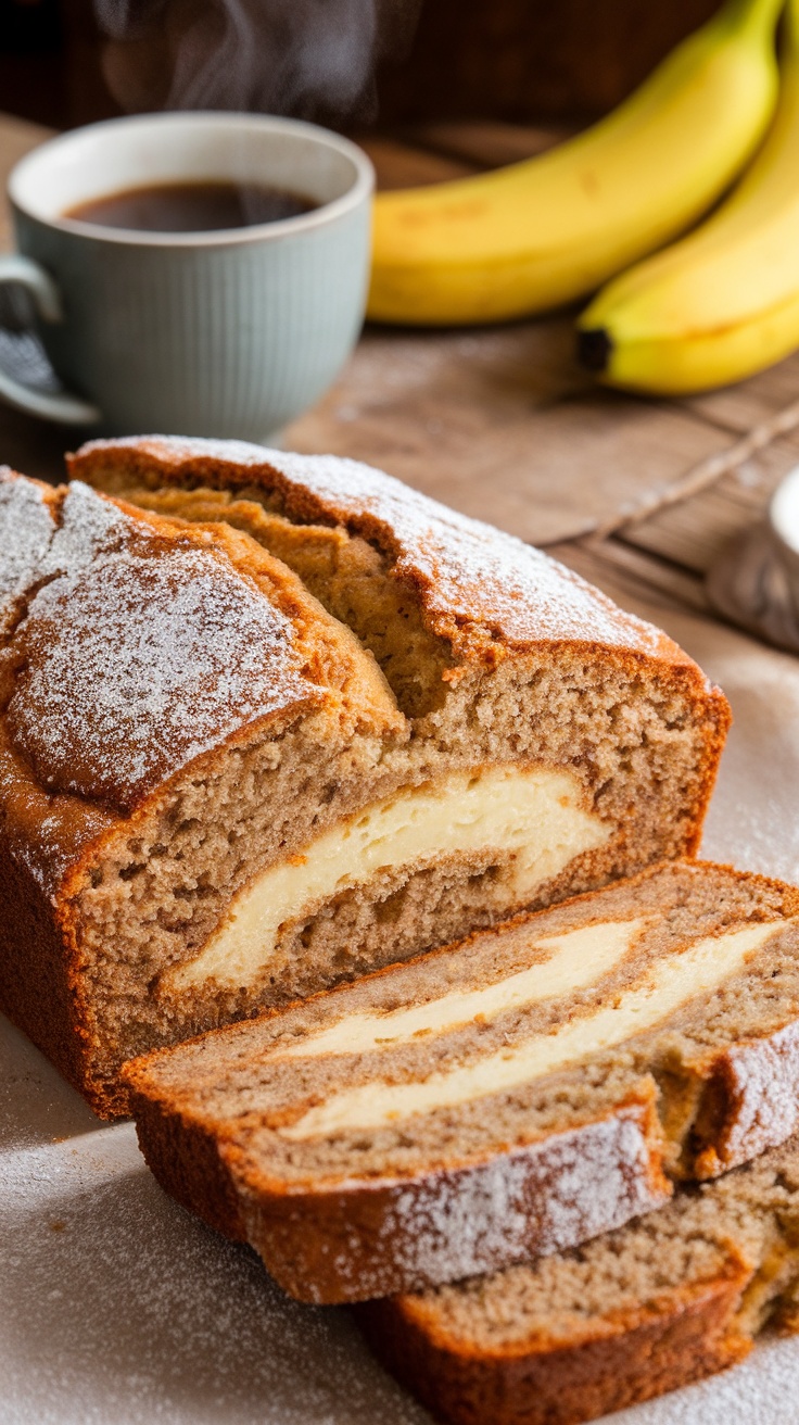 Sliced Cream Cheese Banana Bread with a creamy filling, served with coffee and bananas on a rustic table.